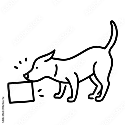 Dog sniffing parcel in line art style for delivery service concept  