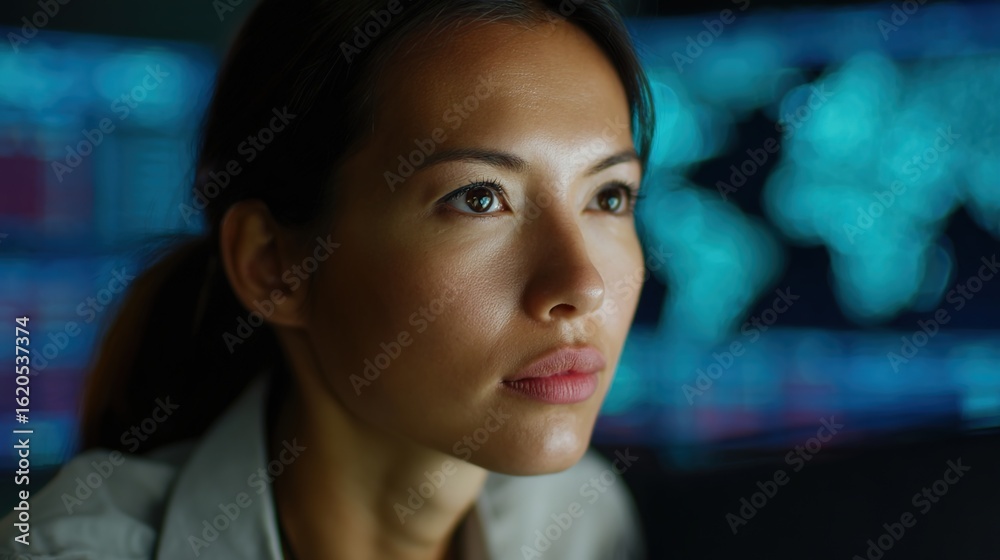 Obraz premium Focused Determination: A focused woman gazes intently towards a computer screen, reflecting concentration and strategic thinking in the digital landscape.