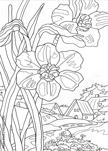 Landscape drawing for kids, Landscape Coloring Book,
Line Drawing