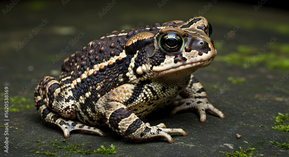 Obraz premium Brown Spotted Toad Sitting on Dark Green Mossy Stone