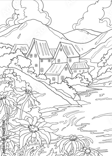 Landscape drawing for kids, Landscape Coloring Book,
Line Drawing