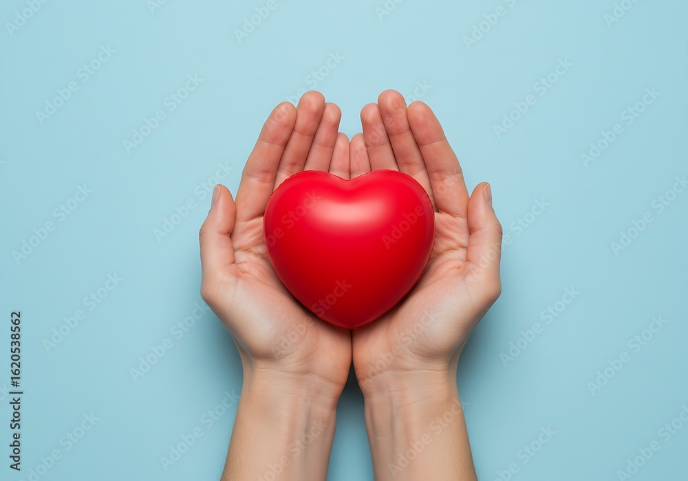 Fototapeta premium Compassionate gesture: a person's hands offering a red heart, representing care and support.