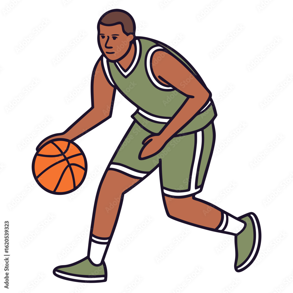 Focused African basketball player dribbles orange ball in olive uniform during a game with transparent background Focused African basketball player dribbles orange ball in olive uniform during a game with transparent background