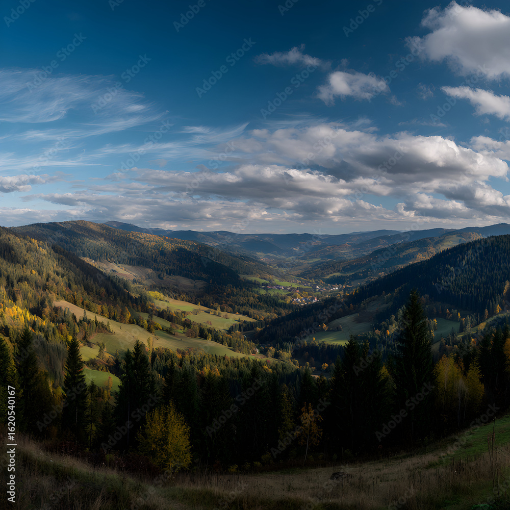 Obraz premium Panoramic View of Vibrant Autumn Valley with Rolling Hills and Dramatic Cloudy Sky at Dusk