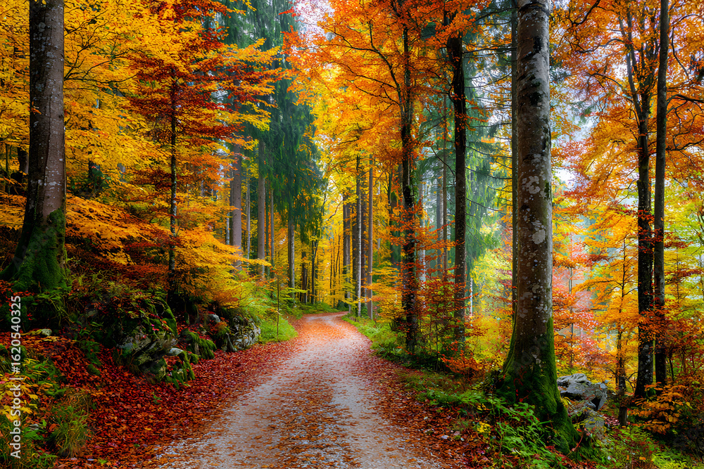 Obraz premium Scenic Autumn Forest Path Lined With Colorful Trees in Vibrant Shades of Orange and Red