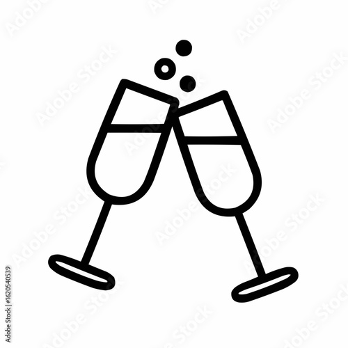 Toast Glasses. Two champagne flutes clinking at 45° angle. 3 bubble dots