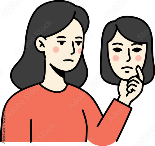 A person with a detached look holds a mask of his face in his hand: a metaphor for introspection, personality duality, inner struggle, true self and external image.