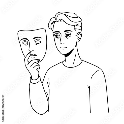 A person with a detached look holds a mask of his face in his hand: a metaphor for introspection, personality duality, inner struggle, true self and external image.
