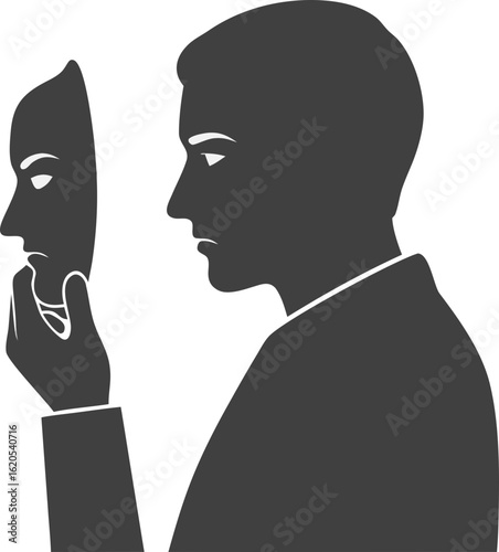 A person with a detached look holds a mask of his face in his hand: a metaphor for introspection, personality duality, inner struggle, true self and external image.