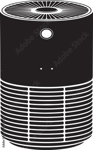 Modern cylindrical air purifier with a black top and white slatted base silhouette