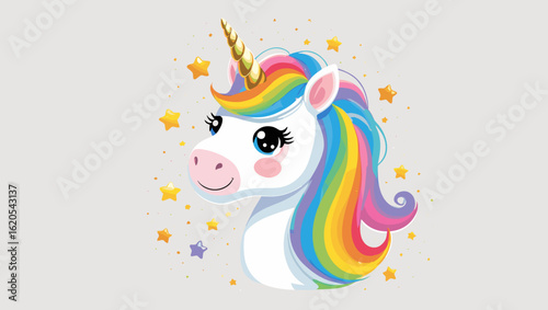 Adorable cartoon unicorn head with rainbow mane and golden horn surrounded by stars on a light gray background