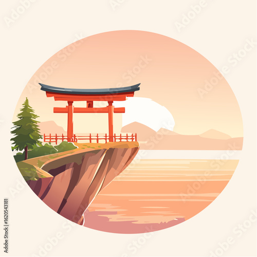 Japanese Torii Gate Perched on Cliffside Overlooking Serene Landscape
