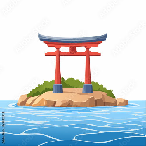Isolated Torii Gate on Rocky Island with Blue Water Illustration