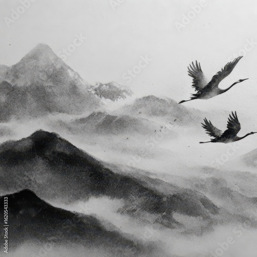 Asian cranes fly mountainscape, ink art print