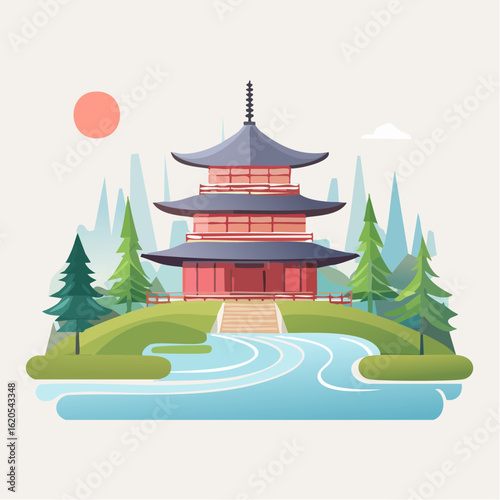 Illustrated Japanese Pagoda with Winter Landscape and Rising Sun