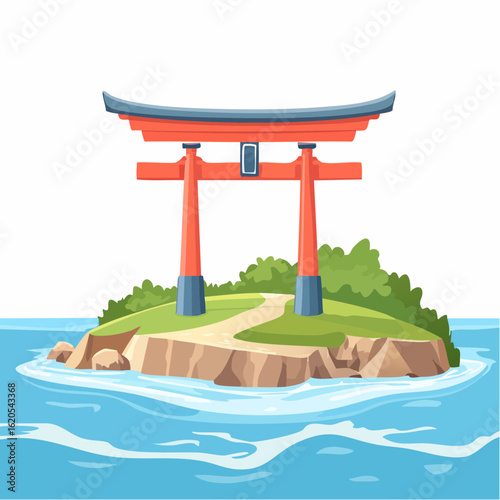 Isolated Torii Gate on Small Island in Blue Water
