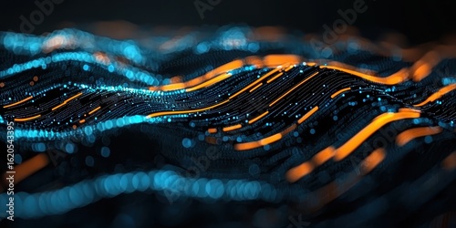 Abstract glowing lines and dots create a complex digital wave pattern on a dark background