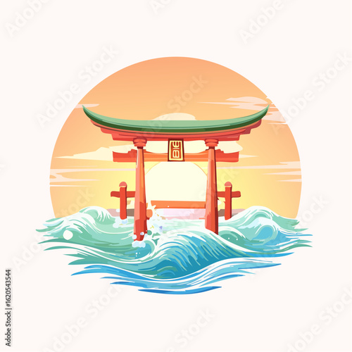 Vibrant Japanese Torii Gate Standing Amidst Rolling Ocean Waves