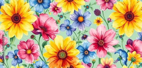 Vibrant watercolor wildflower repeat pattern, perfect for textile & paper design,  wallpaper,  bloom