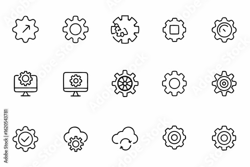 A graceful set of line icons capturing the elegance of automation and system updates through stylized gear visuals. Ideal for app design, digital product features, and mechanical presentations.