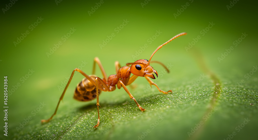 Naklejka premium Weaver Ant CloseUp on Green Leaf Surface.