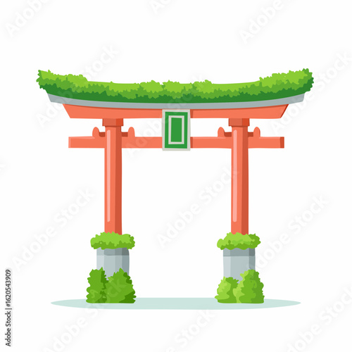 Ornate Torii Gate with Lush Greenery and Traditional Japanese Design