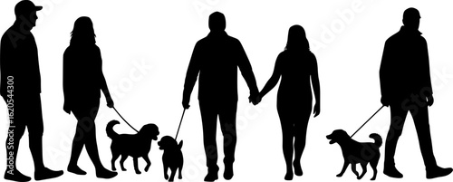 Silhouette of a family walking with two dogs, symbolizing togetherness, bonding, and outdoor activities.