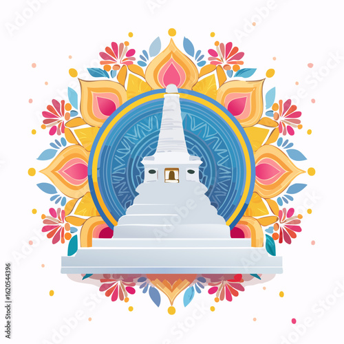 Colorful Mandala and White Stupa Depicting Spiritual Harmony and Peace