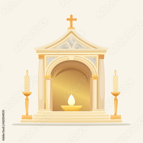 Ornate Catholic Tabernacle with Golden Cross and Lit Candles Illustration