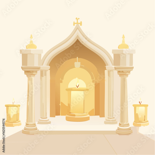 Illuminated Altar with Candles and Architectural Elements in Warm Tones
