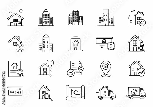 A comprehensive set of line art vector icons representing various aspects of the real estate industry, from property search and sales to moving and contracts
