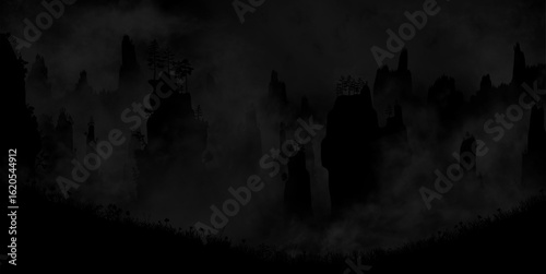 Very dark Tianzi Mountains (Avatar Mountains) in the Zhangjiajie Forest Park covered with fog at night. Vector silhouette scary and mystical Halloween landscape with no moon and stars