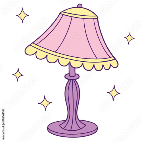 Whimsical pink table lamp emits gentle light among scattered sparkling star shapes, isolated on white