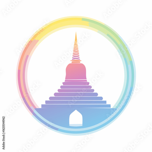 Colorful Circular Frame with Abstract Pagoda Silhouette Illustration