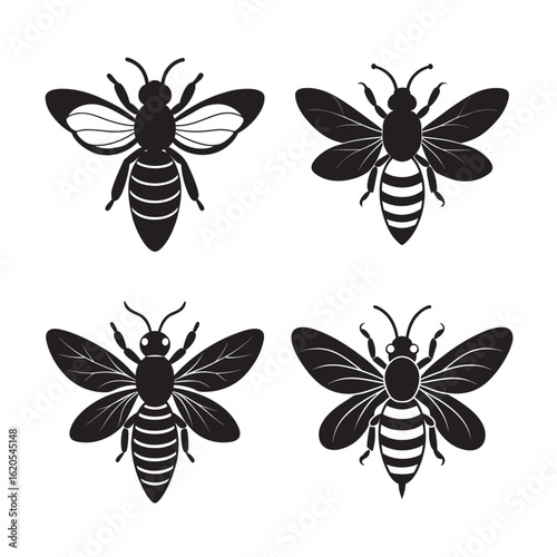 silhouette bee hovering mid air set on white background