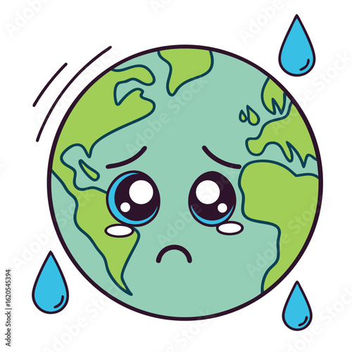 A cartoon earth is crying with teardrops falling, depicted on a white background