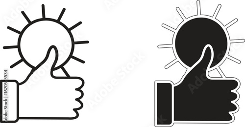 Sun with thumbs up icon representing warm weather or good climate conditions for weather forecast apps with transparent background