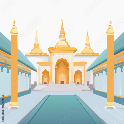Golden-topped Burmese Temple with Ornate Arches and Teal-Roofed Pavilions, Perspective View