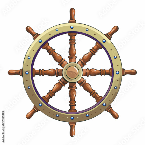 Ornate Ship Wheel with Wooden Spokes and Decorative Blue Rivets
