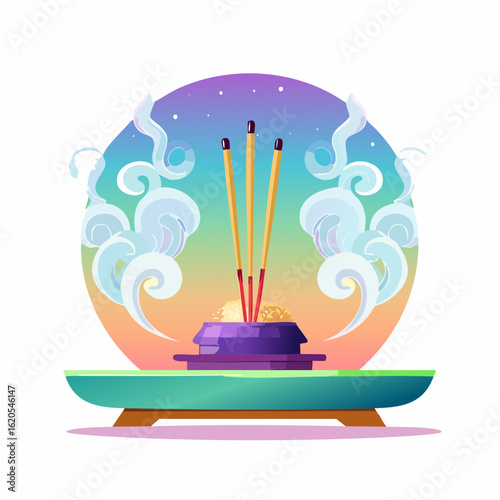 Incense sticks in a purple holder with stylized smoke illustration