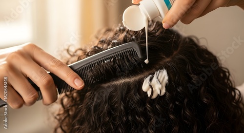 Person applying hair product to curly hair with a comb to separate the strands for treatment application