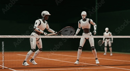 Robots playing tennis on a clay court with a net in the foreground