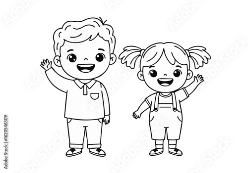 A Cheerful Boy and Girl Waving Hello with Big Smiles and Cute Pigtails Wearing Simple Clothes Ready for a Coloring Book Adventure