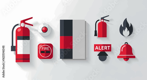 A collection of flat design fire safety icons, including extinguisher, alarm, and smoke detector for emergency preparedness and protection.