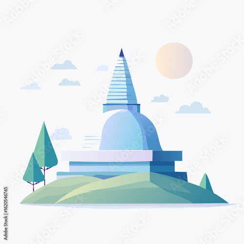 Stylized Dagoba Illustration with Trees and Sky Elements