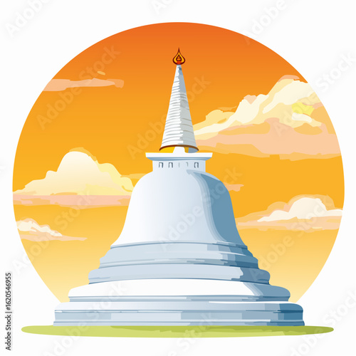 Serene White Stupa at Sunset, Detailed Illustration
