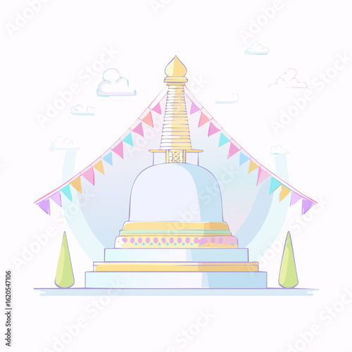 Colorful Buddhist Stupa with Festive Decorations
