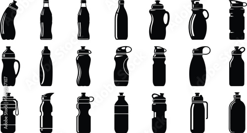 Set of black water bottle silhouettes, sports and gym drink containers, various designs perfect for fitness, hydration, health, and active lifestyle