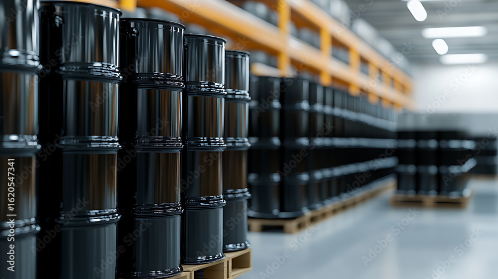 Obraz premium Shiny black barrels stacked high in a bright warehouse, hinting at bulk storage. Palletized organization adds structure to the industrial setting.