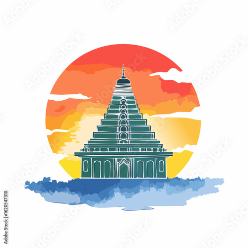 Stylized Temple Illustration with Sunset and Cloud Accents